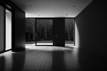 Interior of a pitch black, unoccupied room with a dark hardwood floor and large doors. Design idea for a contemporary interior. a mockup. Generative AI