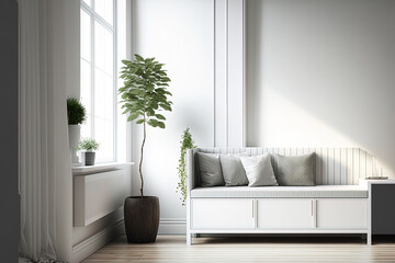 Interior of a white minimalist living room with a couch, dresser on a wooden floor, decorations, and a white landscape beyond the window. Nordic interior design. Generative AI