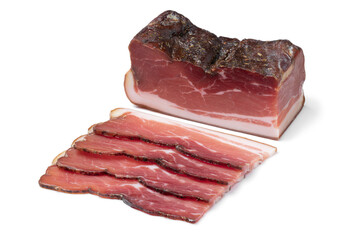 Traditional german  smoked bacon, Sudtiroler Speck, and slices close up isolated on white background