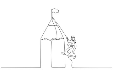 Illustration of businesswoman climbing pencil mountain to reach winning flag concept of reach goal. Continuous line art style