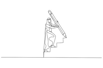 Cartoon of businesswoman use huge pencil draw staircase climbing up ladder concept of business development. Single line art style