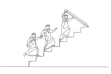 Obraz premium Drawing of businesswoman draw stair with pencil to lead team walk up leader guide team concept of growth. One line art style