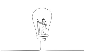 Drawing of businesswoman holding pencil think inside idea on lightbulb concept of creative imagination solution invention. One line art style