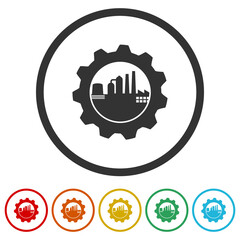  Factory gear logo. Set icons in color circle buttons