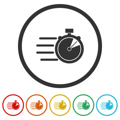 Fast delivery icon with timer. Set icons in color circle buttons