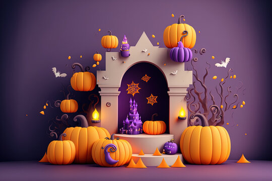 A Halloween fantasy purple theme product display podium with a collection of Jack o lantern pumpkins and candlelight is on a paper graphic backdrop. Generative AI