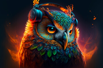 owl with headphones. Generative AI	
