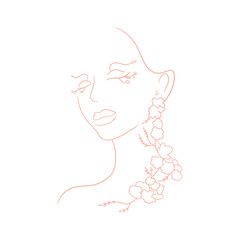 Women Face With Flowers Line Art