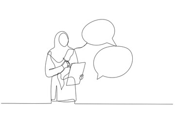 Cartoon of muslim woman taking note in the meeting while listen to others information concept of minutes of meeting. Single line art style
