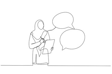 Cartoon of muslim woman taking note in the meeting while listen to others information concept of minutes of meeting. Single line art style