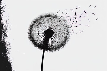 On a white backdrop, a dandelion with fluttering seeds appears. Generative AI