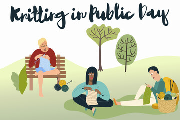 Different people man and woman knits at park sitting on bench or sitting on the ground, grass. 
World wide Knit in public place day. Hobby time. Vector cute set flat characters cartoon illustration.