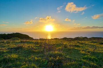 Sunset in winter at Easter Island Chile, Orongo volcano