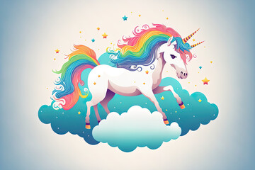 Fototapeta premium Rainbow unicorn in foggy sky on a backdrop for banners, cards, brochures, social media backgrounds, etc. Generative AI