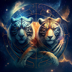 gemini sign, zodiac sign, gemini, cosmos, 3d, two tigers, tiger, wallpaper, background, ai generated