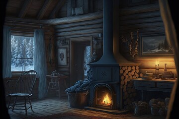 Cabin interior, Winter, fireplace Generative AI