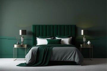 Minimalism design of the interior bedroom. Square view of a large gray velor bed with gray linens. Deep emerald green wall and two bedside tables. Generative AI