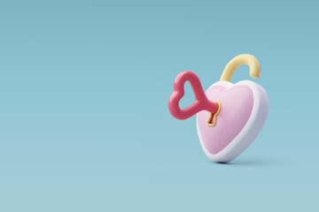 3d Vector Heart Lock with Keyhole, Pink Key. Anniversary, Valentine's Day Concept.
