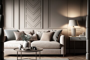 Scandinavian interior home. Herringbone panel on an empty wall. Room design in beige ivory and gray colors - taupe background.. Generative AI