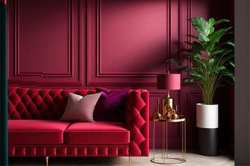 Horizontal space with bright accent pillow - viva magenta color of the . Mockup empty wall. Crimson red tone colorful decoration. Living room.  Generative AI