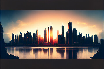 Naklejka na ściany i meble City skyline at sunset
