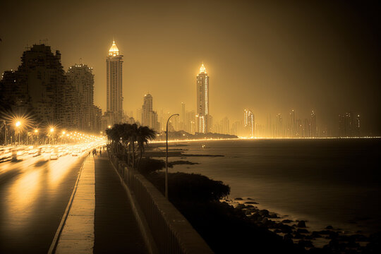 Conceptual Ai Generated Image (not actual) - Mumbai, India, Marine Drive view of the skyline. Generative AI