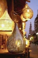 Cairo at night - .Brass lanterns in the historical Khan El-Khalili Souq marketplace are one of the...