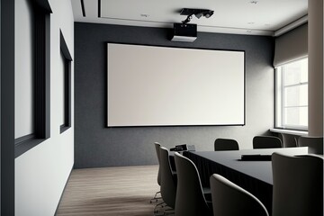 Mock up projection screen in meeting room, interior background. Generative AI