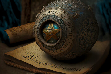 Fototapeta na wymiar Vintage Background with Ornate Ball with a Pentagram Sitting on Top of an Ancient Book, Alchemy Concept made with Generative AI