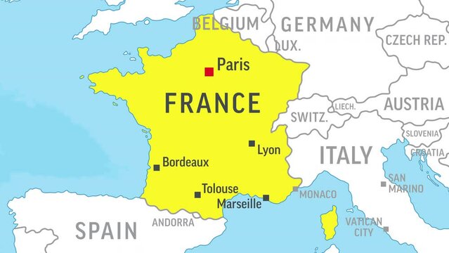 France Map. Zoom on World Map. 4k Video Footage. Motion Graphics