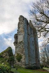 Fototapeta na wymiar Ruines du Château de Domfront, ancien château fort du XIe siècle, en hiver