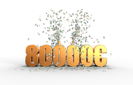 gagner quatre vingt mille euro - lettres dorés et billets confettis - fond transparent - rendu 3D