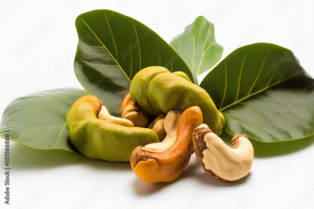 Poster isolated cashew nuts with a leaf on a white backdrop. macro. generative ai