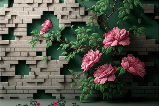 Fototapeta 3d wallpaper abstract background with wall bricks and pink flowers green branch. Generative AI