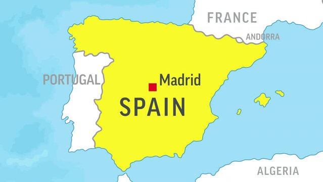 Spain Map. Zoom on World Map. 4k Video Footage. Motion Graphics