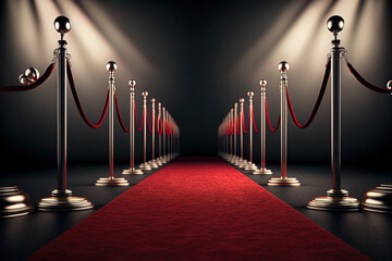 Stanchions and a red carpet. Generative AI