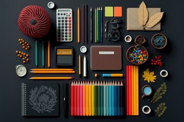 Flatlay top view School supplies on black board background. Back to school concept. Generative AI