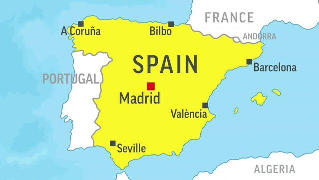 Spain Map. Zoom on World Map. 4k Video Footage. Motion Graphics