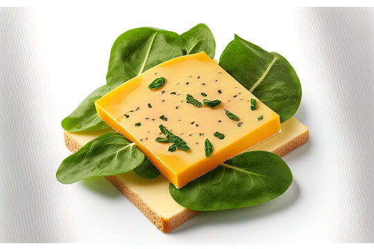 Salad leaves with cheese slices on a piece of bread. Sandwich on a white backdrop, isolated. Generative AI