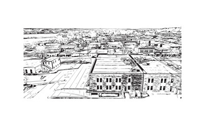 Building view with landmark of Pierre is the capital city of South Dakota. Hand drawn sketch illustration in vector.