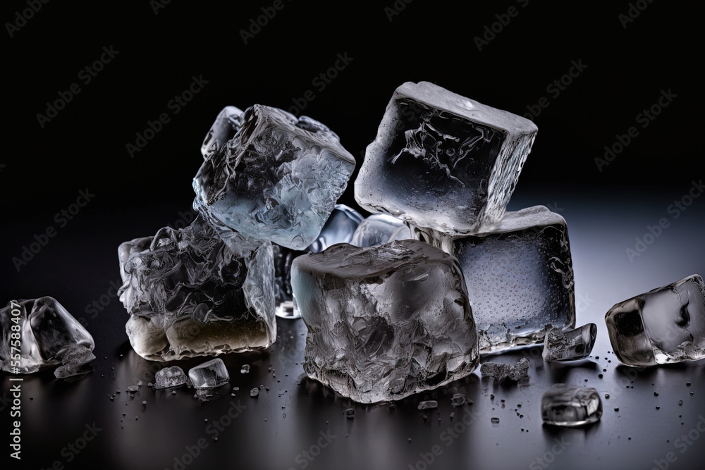 Aufkleber ice cubes that have been smashed on a black backdrop. generative ai