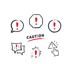 Set of Warnings Doodle Line Icons. Alert, Exclamation Mark, Warning Sign Symbol Vector Illustration Drawings