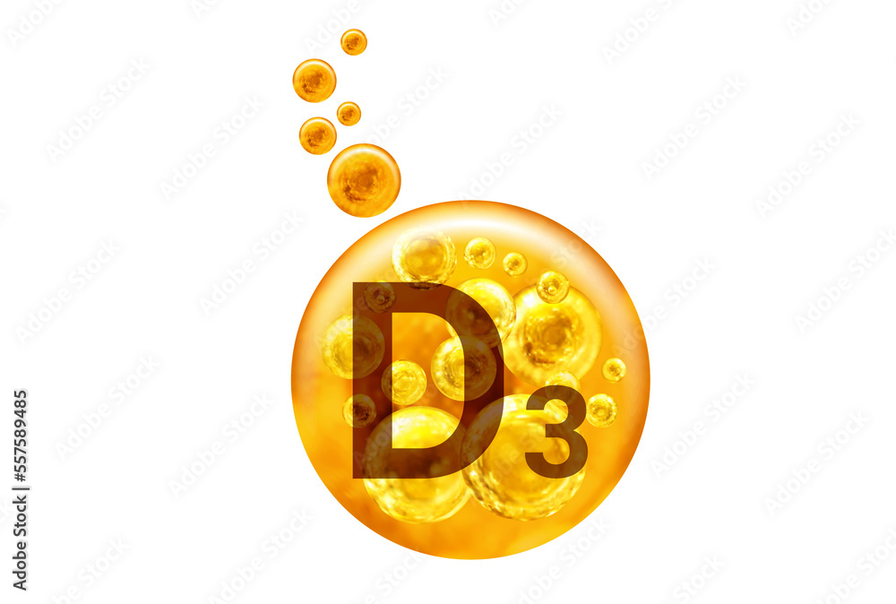 Wall mural vitamin d3 capsule. golden balls with bubbles isolated. healthy lifestyle concept.