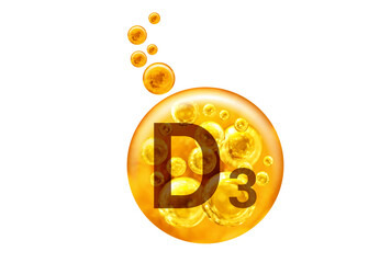  Vitamin D3 capsule. Golden balls with bubbles isolated. Healthy lifestyle concept. - 557589485