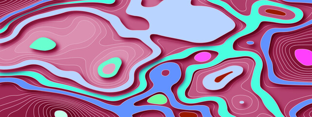 Fototapeta na wymiar The stylized colorful papercut and topographic map with lines and circles background. Topographic map and place for texture. Topographic gradient linear background with copy space. 