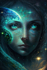 Concept starseed, star seed, origin from other planets or dimensions, spiritual beautiful illustration, fantasy portrait of a star-seed, incarnations, galaxies, universe, copy space, generative AI
