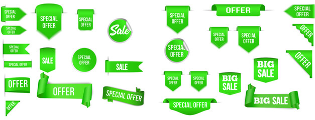 Set of New collection tags. Green badges and labels. Paper ribbons