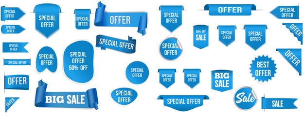 Set of New collection tags. Blue badges and labels. Paper ribbons