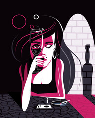 A girl in a bar with a glass in her hand. Vector illustration.