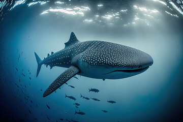 Fototapeta premium Landscape of a whale shark, giant sea fish, adventure, diving, and snorkeling. Generative AI